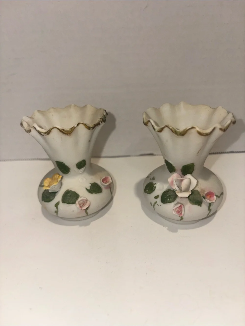 Vintage Tai White Porcelain Floral Bud Vases with Pink and Yellow Roses